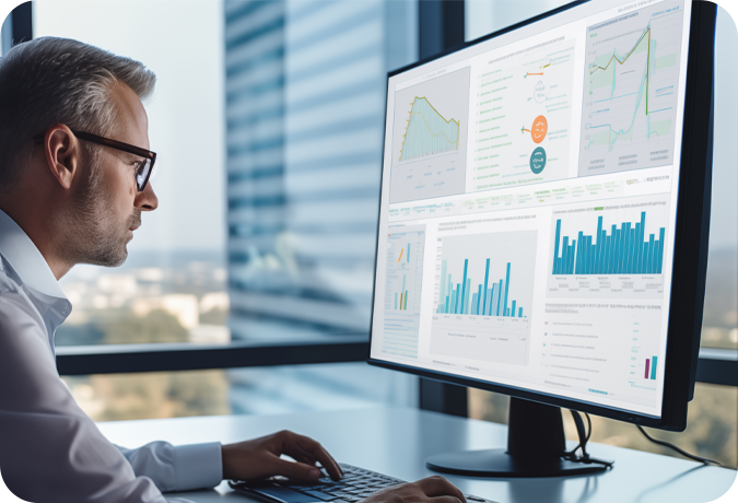 man studying charts and graphs dashboards on monitor